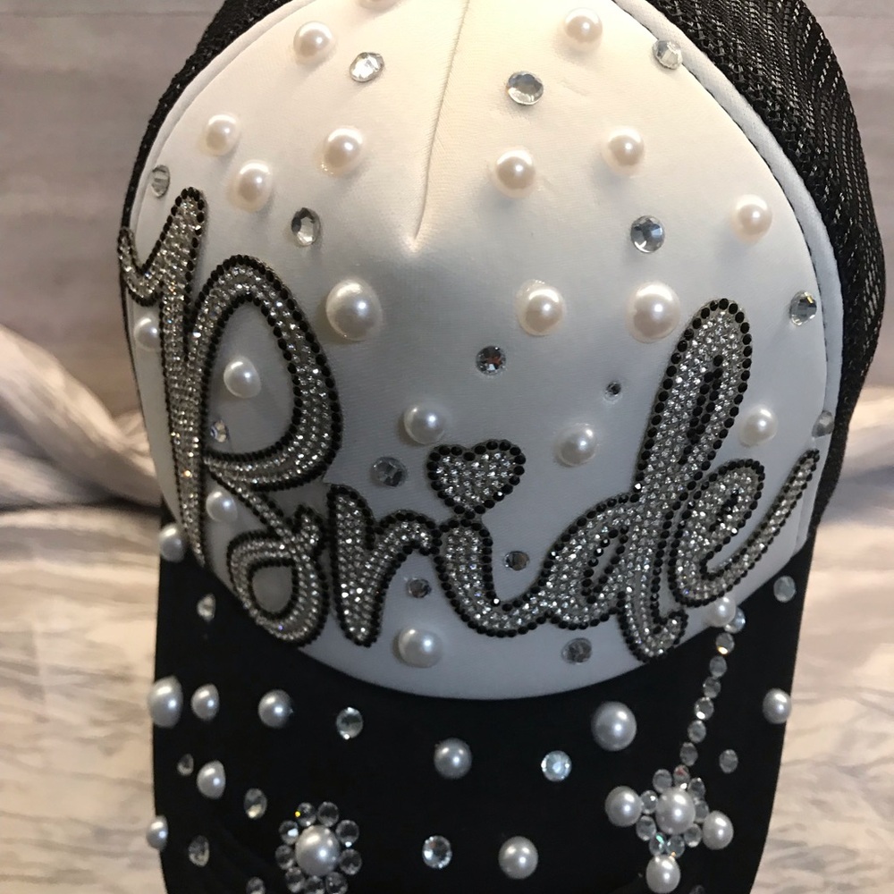 Black and White Bride Cap with Pearl Accents